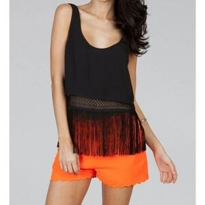 Anthropologie | Ark Co Eyelet Top Size M Black Crop Tank Fringe Scope Neck